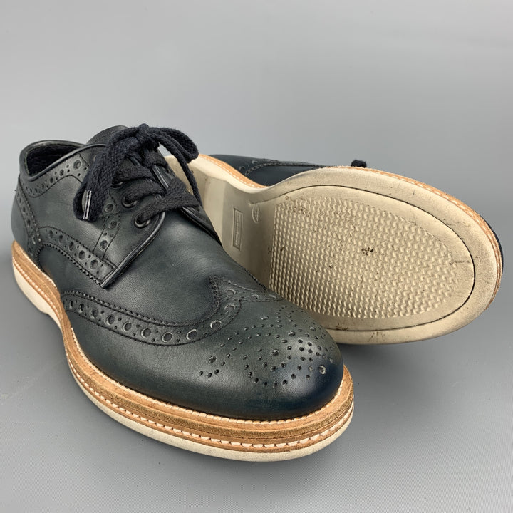 SANTONI Size 8 Navy Perforated Leather Wingtip Lace Up