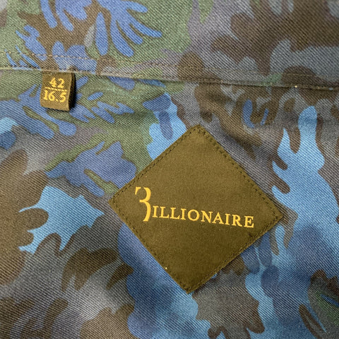 BILLIONAIRE ITALIAN COUTURE Size L Black Blue Print Silk Long Sleeve Shirt