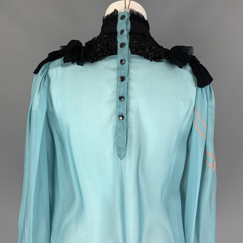 DRIES VAN NOTEN 2016 Size 4 Blue Black Beaded Silk Mock Neck Blouse