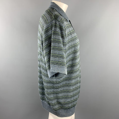 ERMENEGILDO ZEGNA Size XL Blue & Grey Knitted Cotton Buttoned Polo