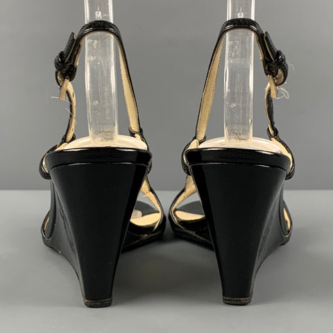 PRADA Size 6.5 Black Patent Leather Slingback Wedges