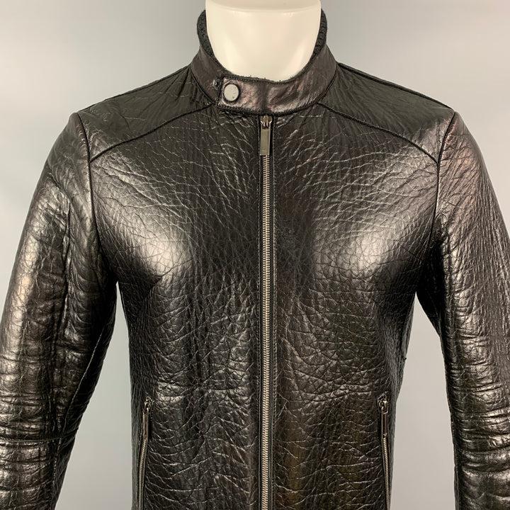 EMPORIO ARMANI Size 38 Black Textured Leather Zip Up Jacket