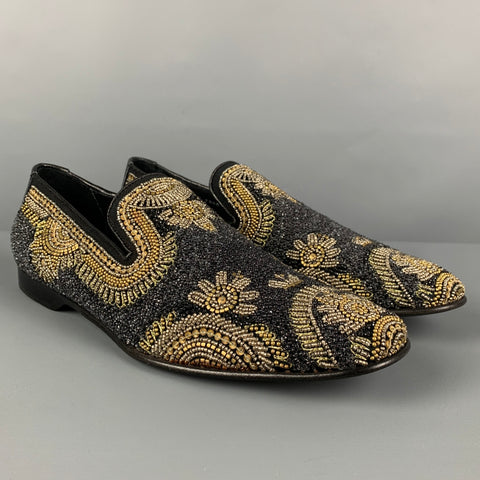 DONALD J PLINER Size 9 Black Silver Gold Beaded Leather Slip On Loafers