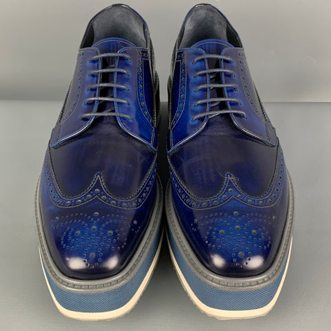PRADA Size 9 Blue Perforated Leather Wingtip Platform Lace Up Shoes