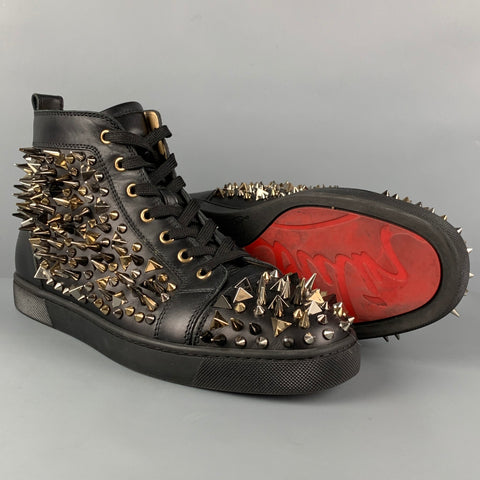 CHRISTIAN LOUBOUTIN Size 10 Black Gold Leather Louis All Over Spikes High Top Sneakers