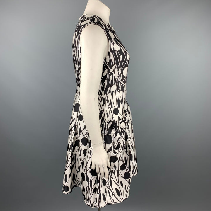 CAROLINA HERRERA Taille 12 Robe trapèze en soie / coton imprimé noir et blanc