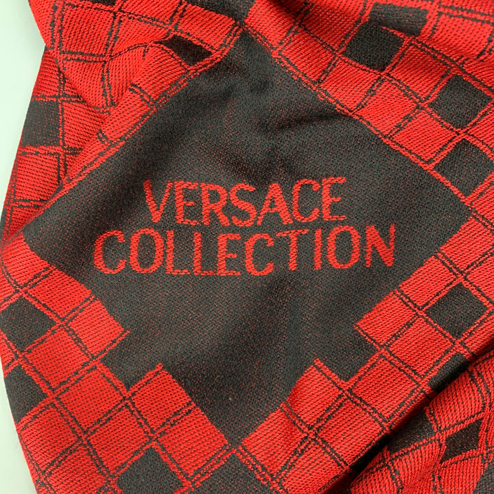 VERSACE COLLECTION Red & Black Diamond Wool Blend Frineg Scarf