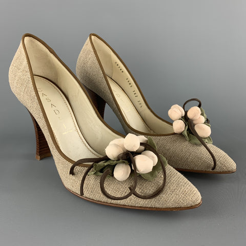 CASADEI Size 7.5 Taupe Fabric Grape Leaves Embellishd Pumps