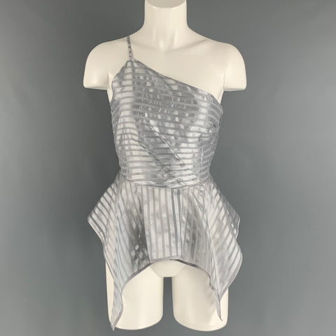 ARTISANS ANGKOR Size M Silver See Through Silk Stripe Peplum Casual Top