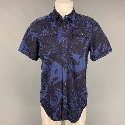 G-STAR Size M Navy Black Leaf Print Cotton Short Sleeve Shirt