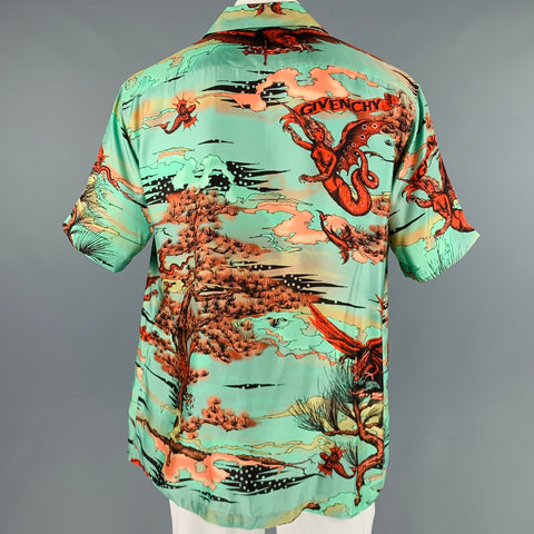 GIVENCHY Size L Green Red Orange Print Silk Camp Short Sleeve Shirt