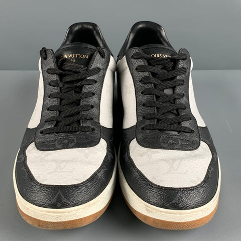 LOUIS VUITTON Size 9.5 White Black & Brown Logo Leather Low Top Sneakers
