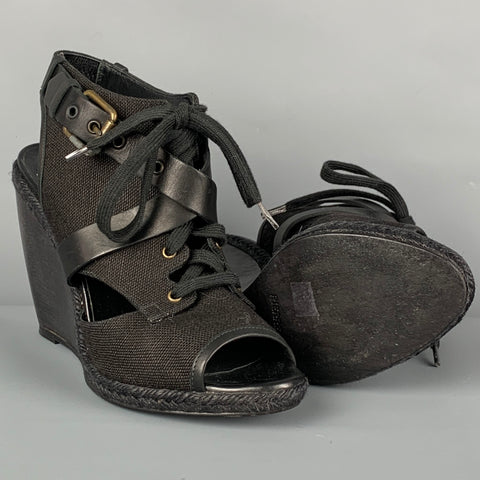 PIERRE HARDY Size 10 Black Canvas Leather Espadrille Wedge Sandals