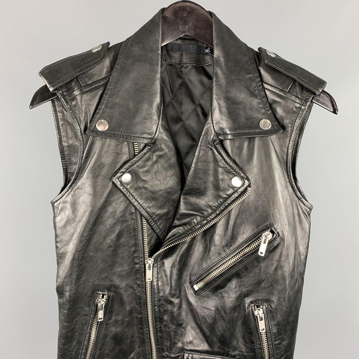 BLK DNM Size S Black Leather Zipper Pockets Zip Up Biker Vest