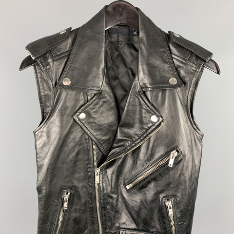 BLK DNM Chaleco motero con cremallera y bolsillos con cremallera de cuero negro talla S