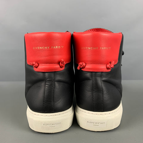 GIVENCHY Size 10 Black Red & White Color Block Leather High Top Sneakers