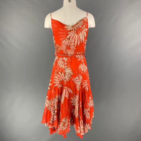 DIANE VON FURSTENBERG Size 4 Orange & Cream Silk Floral Wrap Dress
