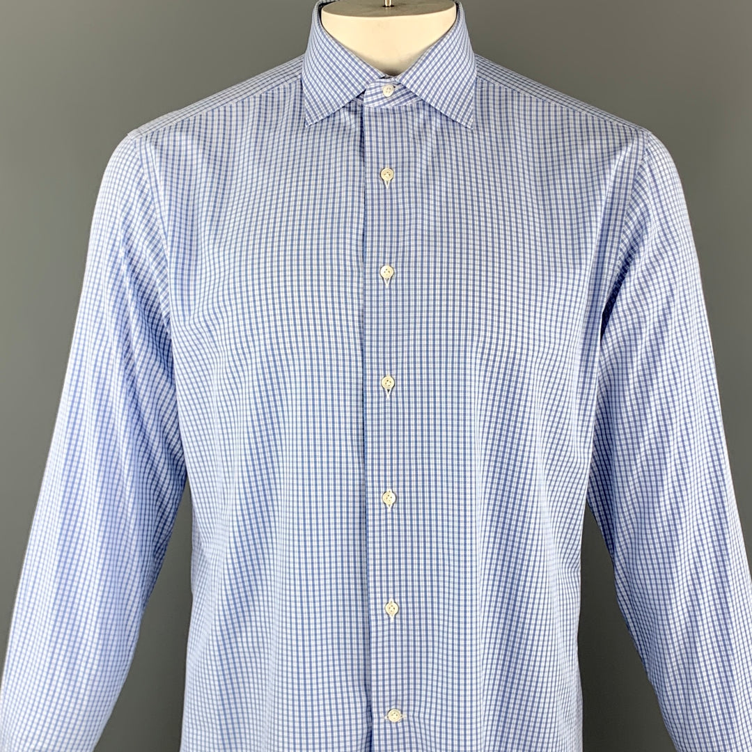 BREUER Size L Blue Checkered Cotton French Cuff Long Sleeve Shirt