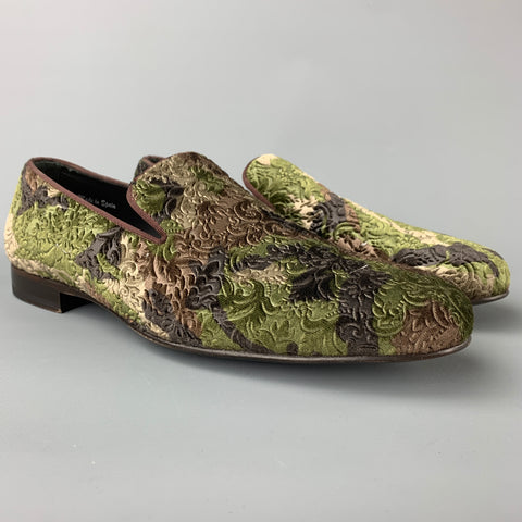 MEZLAN Size 8 Olive & Brown Brocade Velvet Slip On Loafers