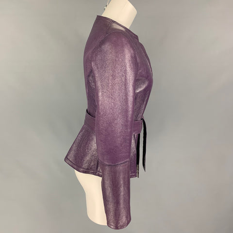 YVES SAINT LAURENT Size 6 Purple Shearling Patent Leather Reversible Belted Jacket