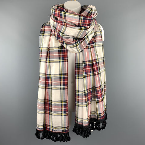 YVES SAINT LAURENT Cream Multi Color Plaid Taffeta Fringe Shawl