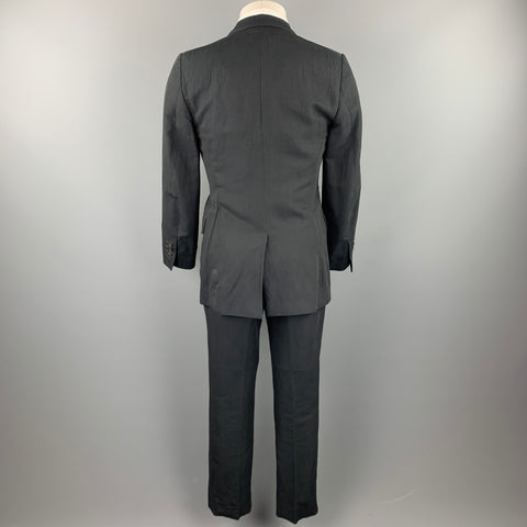 DRIES VAN NOTEN Size 38 Regular Black Pinstripe Linen / Cotton Peak Lapel Suit