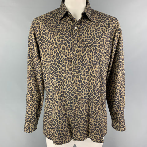 TOM FORD Size XL Olive Black Brown Animal Print Silk Long Sleeve Shirt