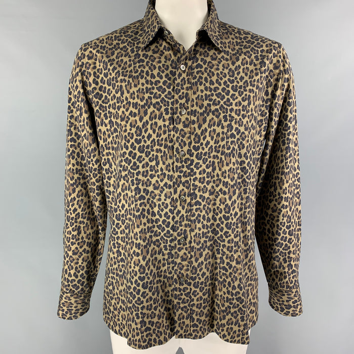TOM FORD Size XL Olive Black Brown Animal Print Silk Long Sleeve Shirt