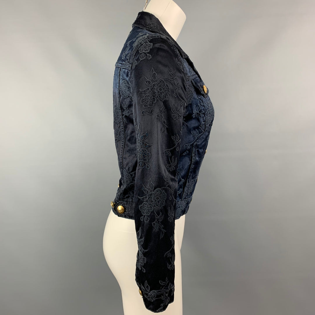 LOVE MOSCHINO Size 6 Black & Midnight Blue Satin Cotton / Viscose Embroidered Jacket