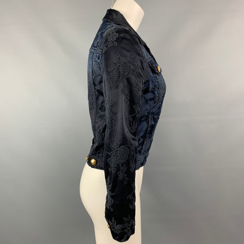 LOVE MOSCHINO Taille 6 Veste brodée en satin de coton / viscose noir et bleu nuit