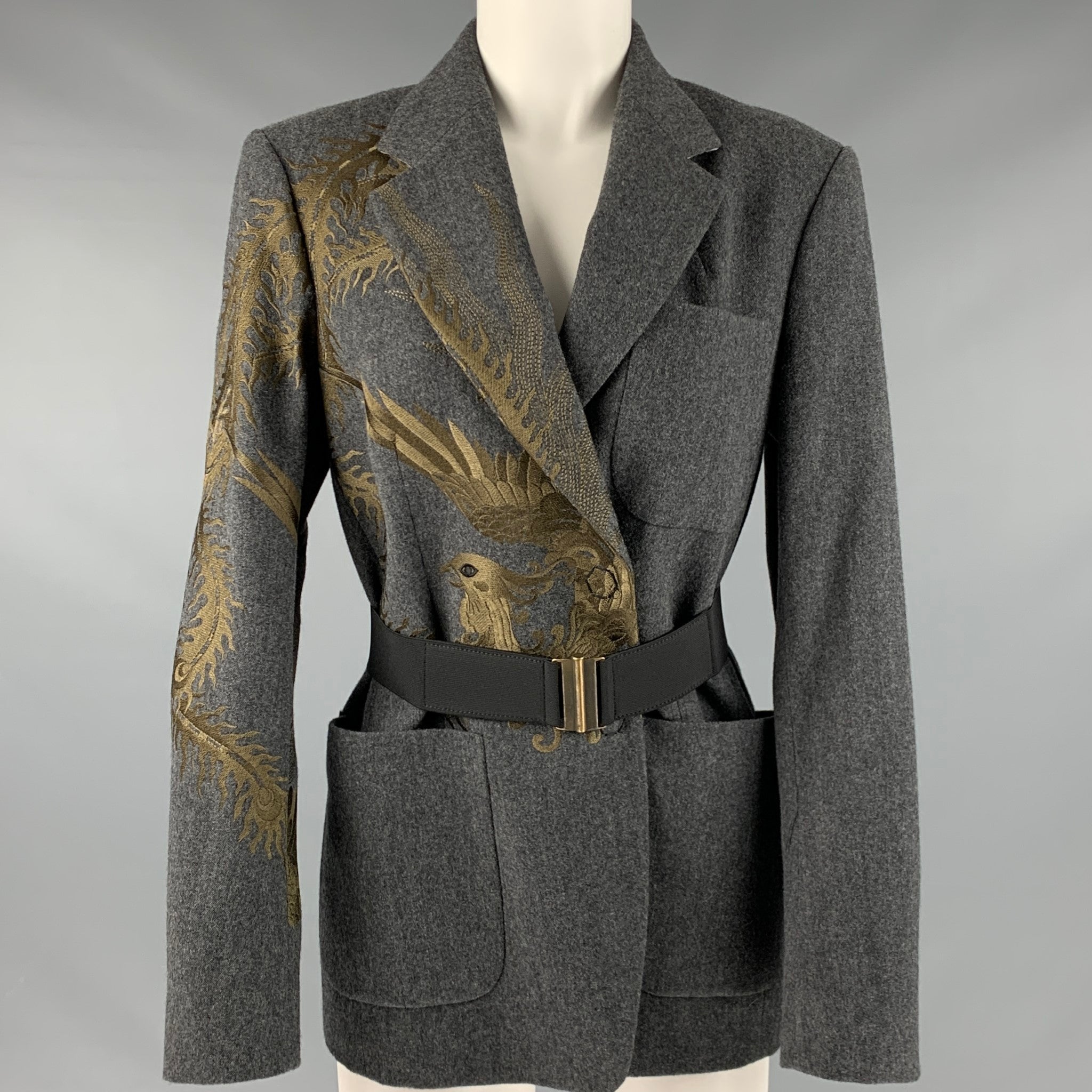 DRIES VAN NOTEN Size 4 Grey Gold Wool Cotton Embroidered Jacket