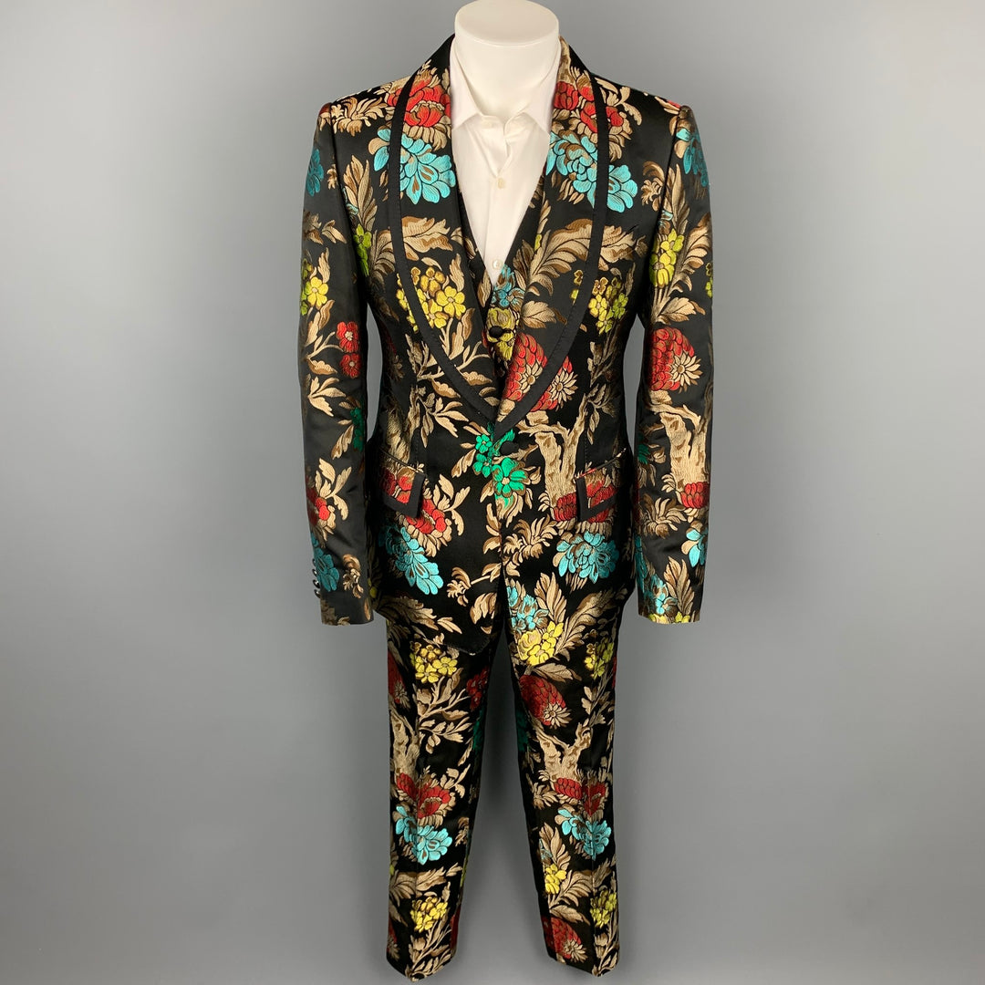 DOLCE & GABBANA F/W 19 Size 42 Black & Multi-Color Brocade Acetate Blend 3 Piece Suit