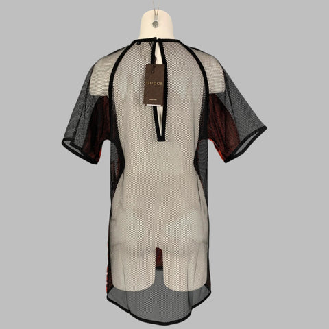 GUCCI 2014 Taille 4 Noir Orange Soie Mélange Applique Manches Courtes Robe Top