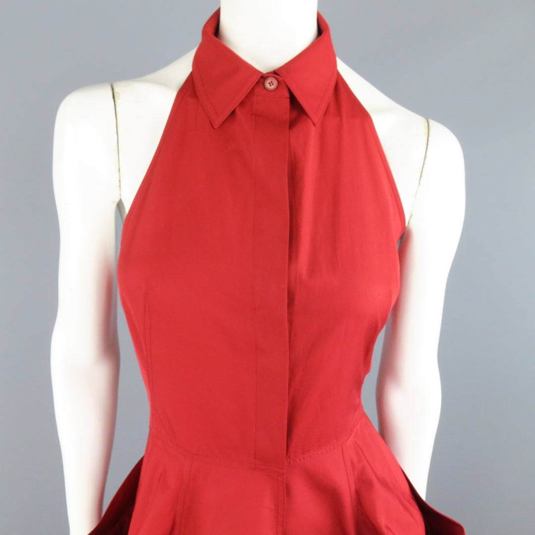 DONNA KARAN Size 4 Red Cotton Halter Top A Lline Shirt Dress Sui Generis Designer Consignment DONNA KARAN Size 4 Red Cotton Halter Top A Lline Shirt Dress Sui Generis Designer Consignment