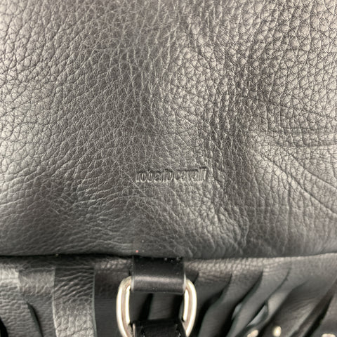 ROBERTO CAVALLI Black Leather Studded Fring Bucket Backpack
