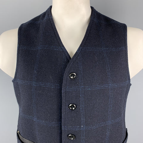 45rpm Size L Navy Plaid FOX BROTHERS Wool Leather Pocket Vest