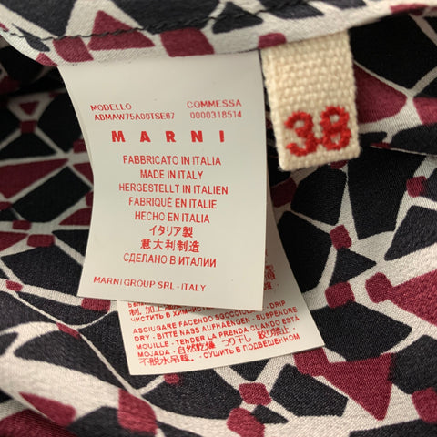 MARNI Size 2 Black Burgundy White Silk Abstract Long Sleeve Dress