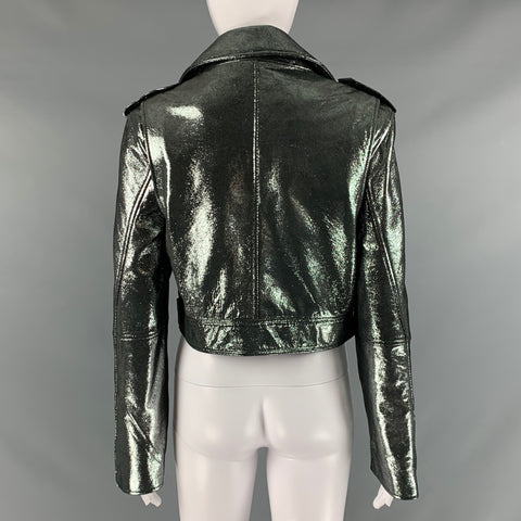 REBECCA MINKOFF Taille S Veste de motard métallisée en cuir argenté