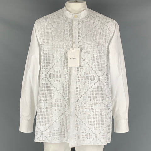 VALENTINO Size 34 White Guipure Cotton Collarless Long Sleeve Shirt
