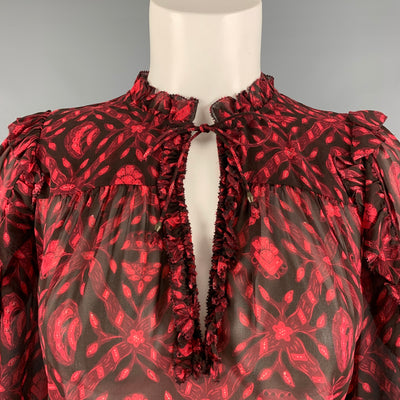 ULLA JOHNSON Size 2 Red Black Silk Abstract V-Neck Casual Top