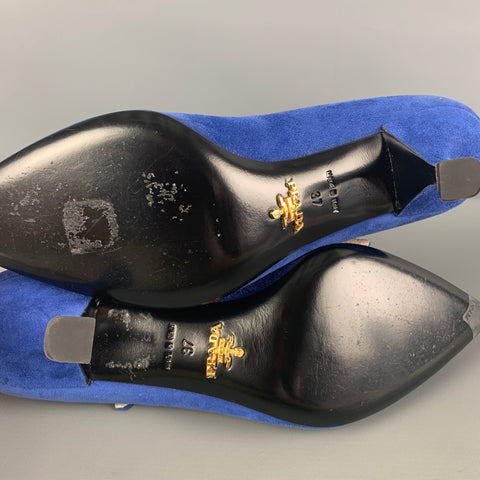 PRADA Taille 7 Escarpins à talon chaton en daim bleu