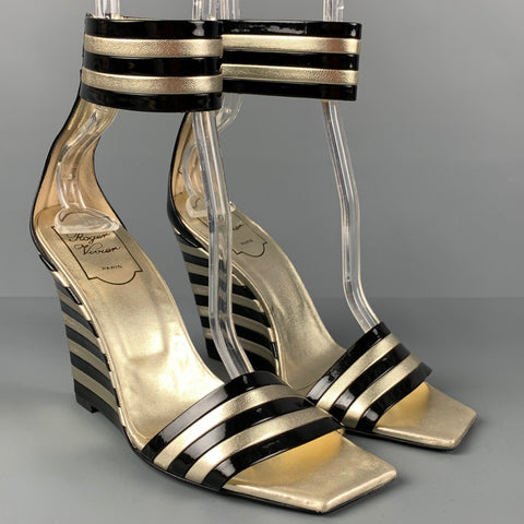 ROGER VIVIER Size 7.5 Black Gold Stripe Patent Leather Wedge Sandals