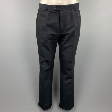 DRIES VAN NOTEN Size 38 Regular Black Pinstripe Linen / Cotton Peak Lapel Suit