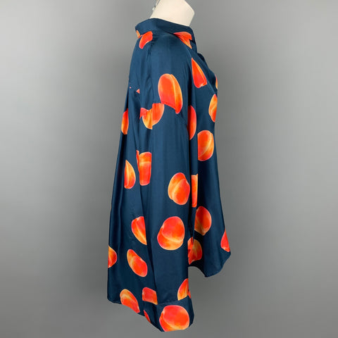 PAUL SMITH Size XL Oversized Navy & Orange Peach Print Silk Shirt