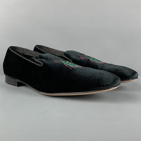 PAUL SMITH Size 12 Black Embroidery Velvet Slip On Loafers