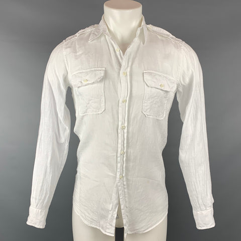 RALPH LAUREN Black Label  Size S White Linen Epaulettes Long Sleeve Shirt
