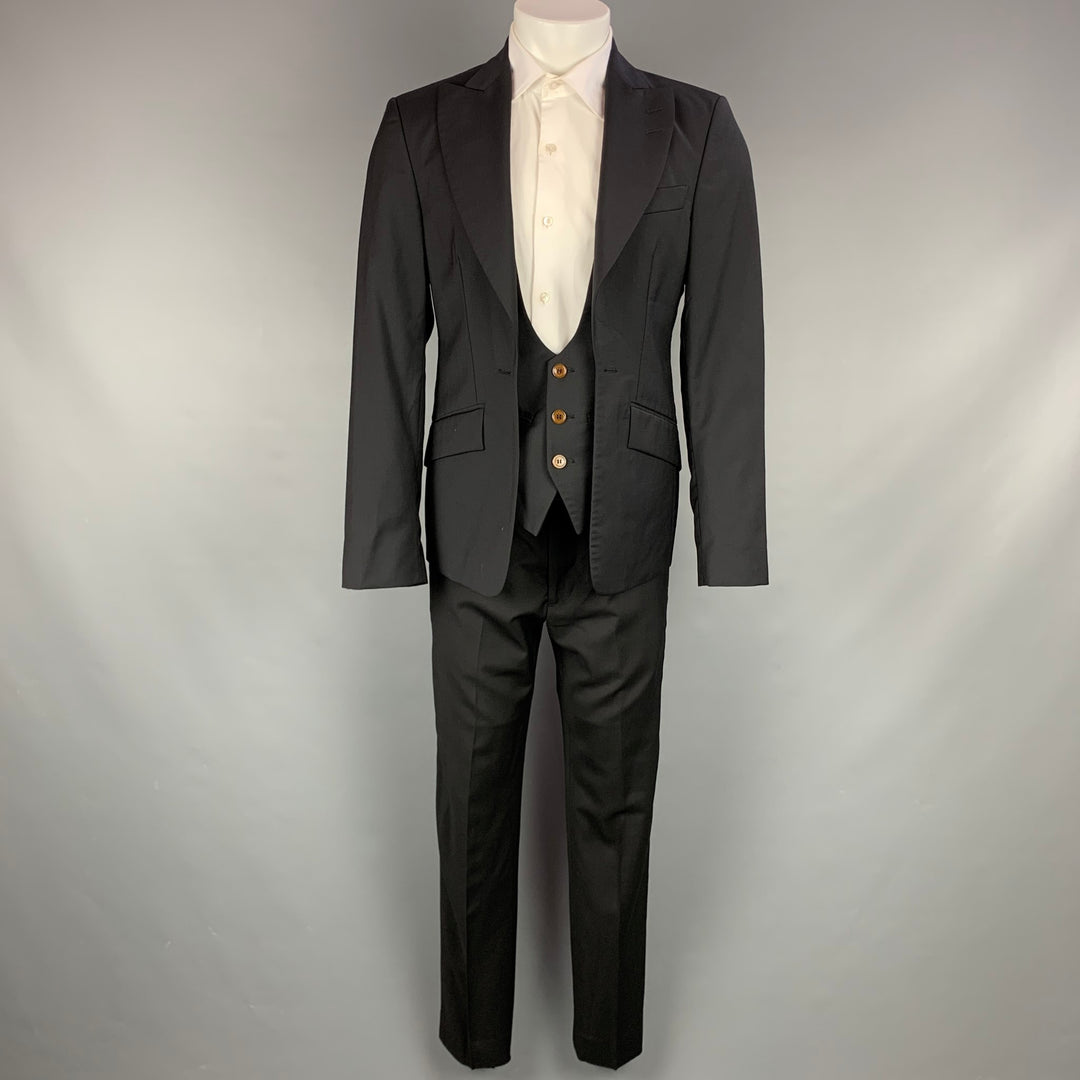 VIVIENNE WESTWOOD MAN Size 38 Navy Wool Peak Lapel Simulated Vest Layer Suit