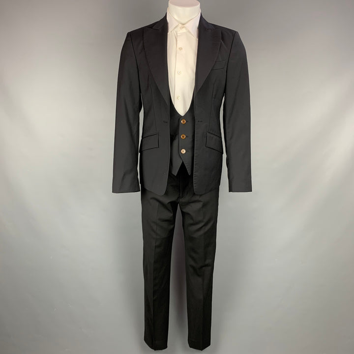 VIVIENNE WESTWOOD MAN Size 38 Navy Wool Peak Lapel Simulated Vest Layer Suit
