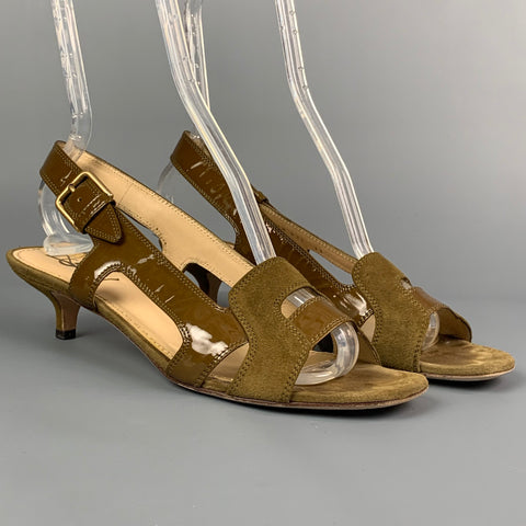 YVES SAINT LAURENT Talla 9 Sandalias de tacón de gatito de charol de ante marrón