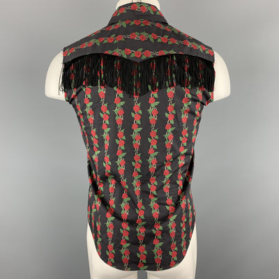 NUMBER (N)INE Size M Black & Red Floral Cotton Fringe Snaps Western Sleeveless Shirt